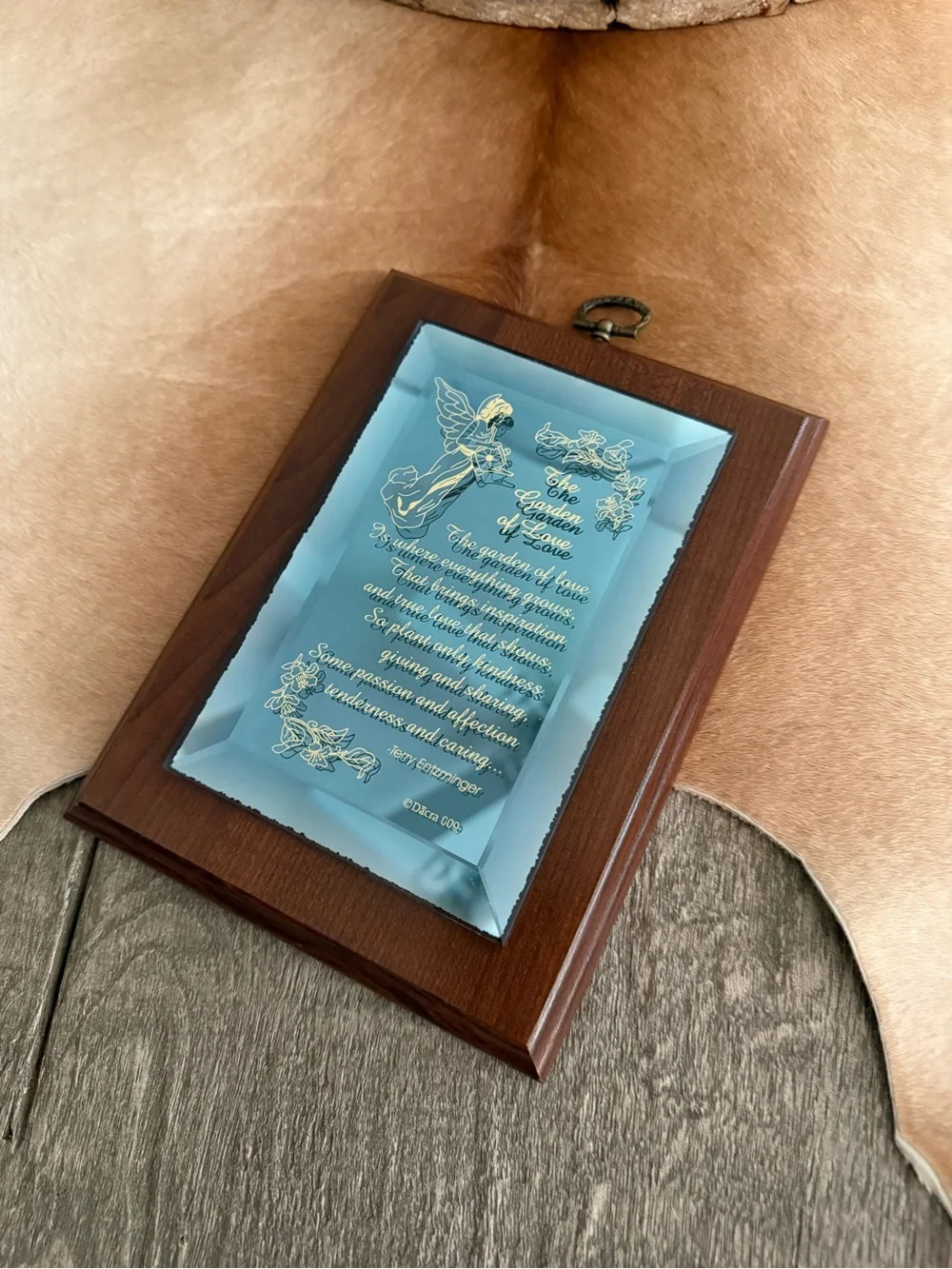 Vintage Engraved Angel Mirrored Plaque in Wood Frame - Blue Mirror